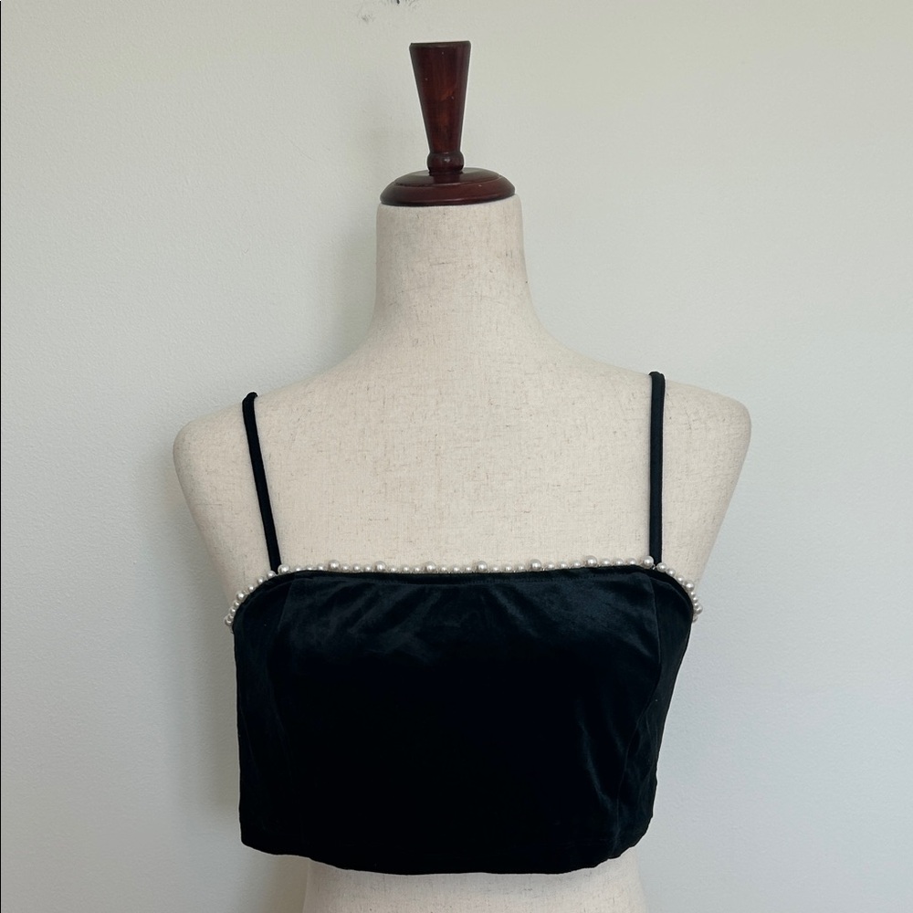 Urban Outfitters Dressy Black Velvet Crop Top with Spaghetti Straps‎